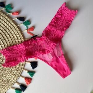 Victoria's Secret Panties The Lacie Smocked Mesh Thong Panty Pink Sheer M NEW